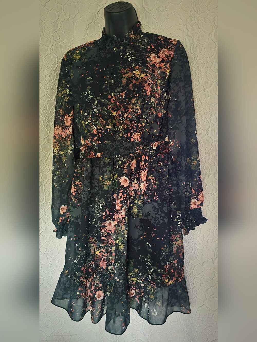 J Gee Black & Pink Floral High Neck Sheer Overlay Ruffle Long Sleeve Dress PL